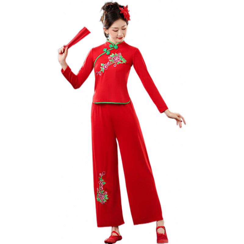 結(jié)盟者新款秧歌服女廣場舞套裝演出服中老年團體扇子舞蹈腰鼓民族風(fēng)服裝 紅色上衣+褲子（+頭花） S