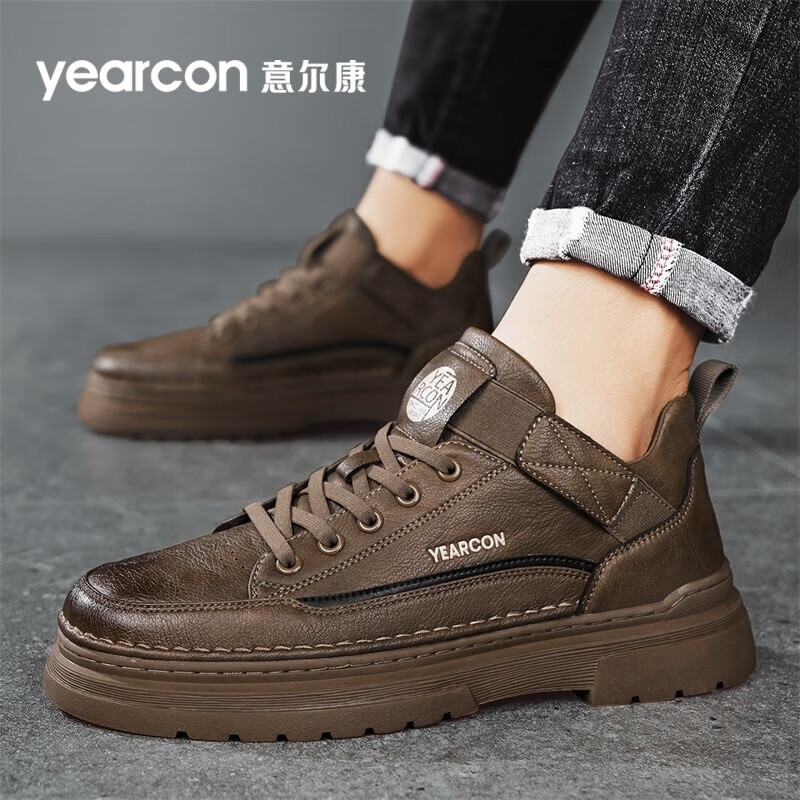 意尔康男鞋秋季新款工装鞋男潮流英伦休闲皮鞋厚底软面马丁鞋男 栗棕 42
