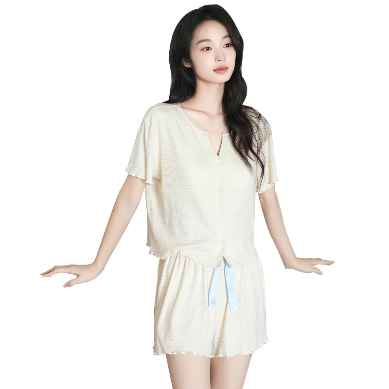 欧迪芬女士睡衣女夏季短袖短裤套装少女清新开衫带胸垫家居服套装 米黄 L
