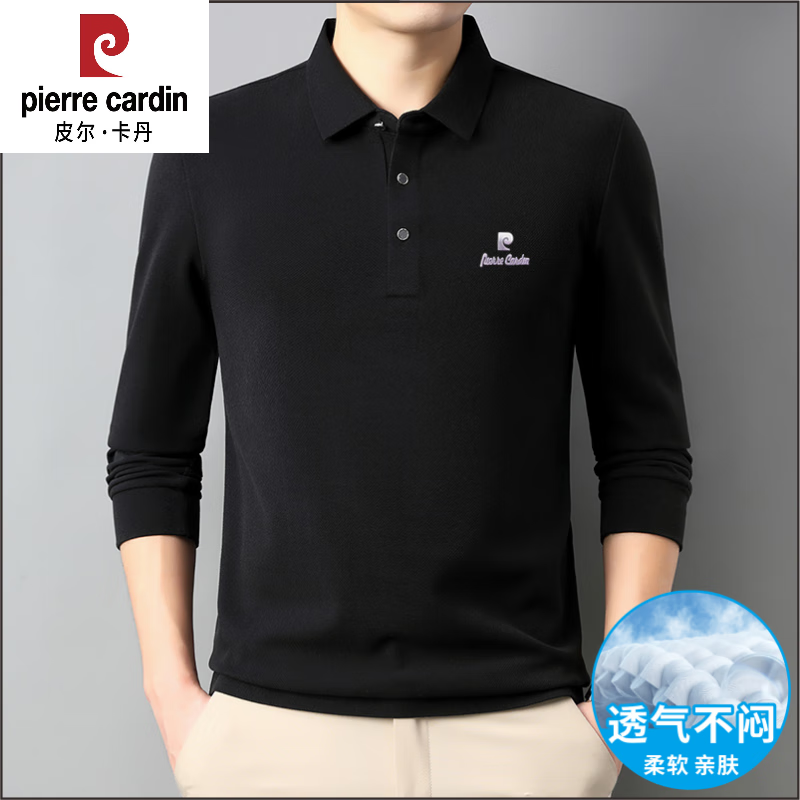 皮尔卡丹（pierre cardin）长袖男士t恤2025秋季新款polo衫中老年商务休闲打底衫男针织 黑色 【官方直售】 M 165【建议体重90-115斤】