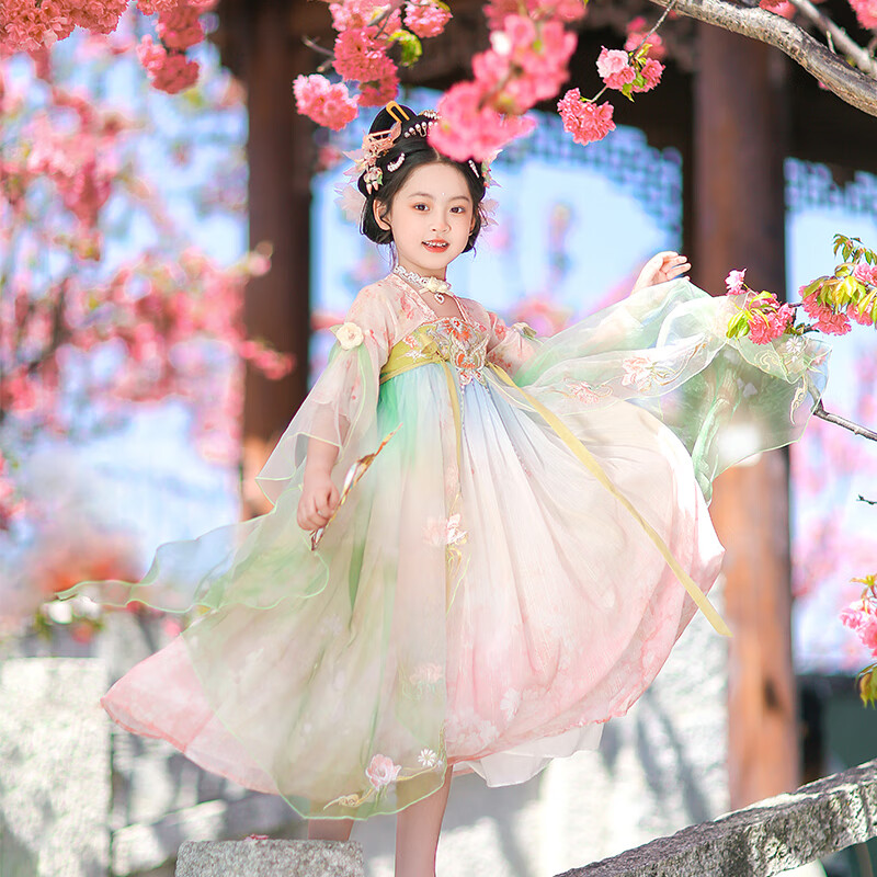 旗铂汉服女童夏季2025新款儿童花神唐装古风超仙短袖连衣裙 花鸢 130 
