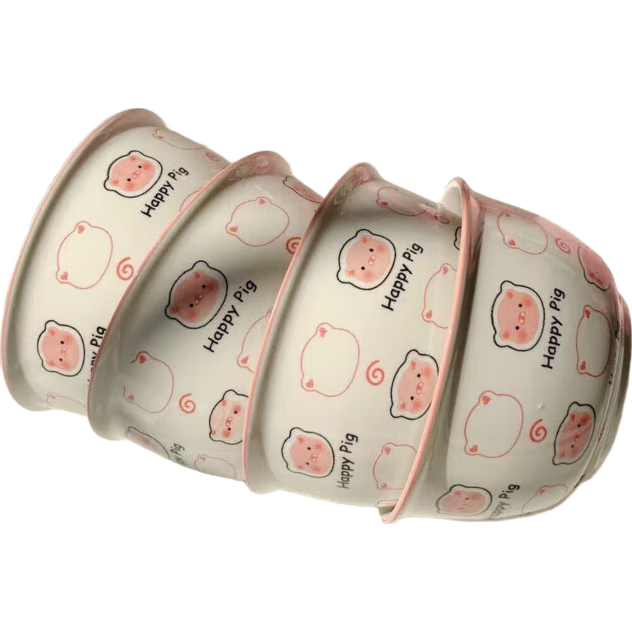 釉下彩可爱卡通碗碟套装家用高颜值陶瓷碗筷盘餐具 小猪碗4碗 4件套