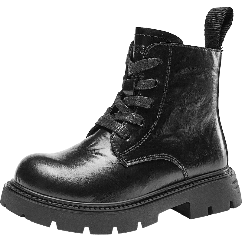 意爾康童鞋秋冬靴子中大童馬丁靴短靴男女童兒童英倫皮靴黑色2 26