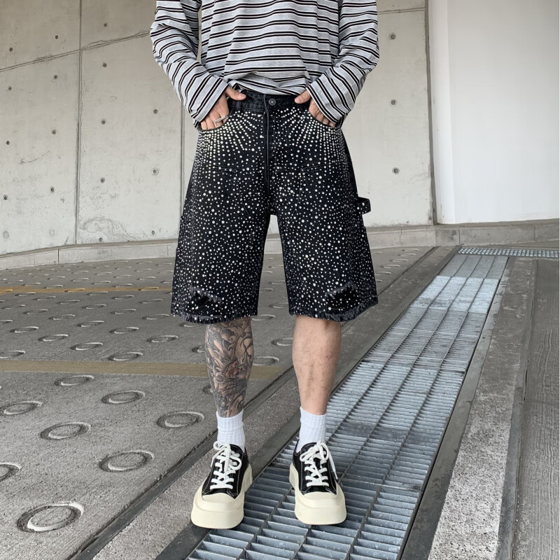 跨境欧美高街镶钻满钻牛仔短裤男夏季新款破洞工装渐变七分裤男士 黑色1384-1 3XL