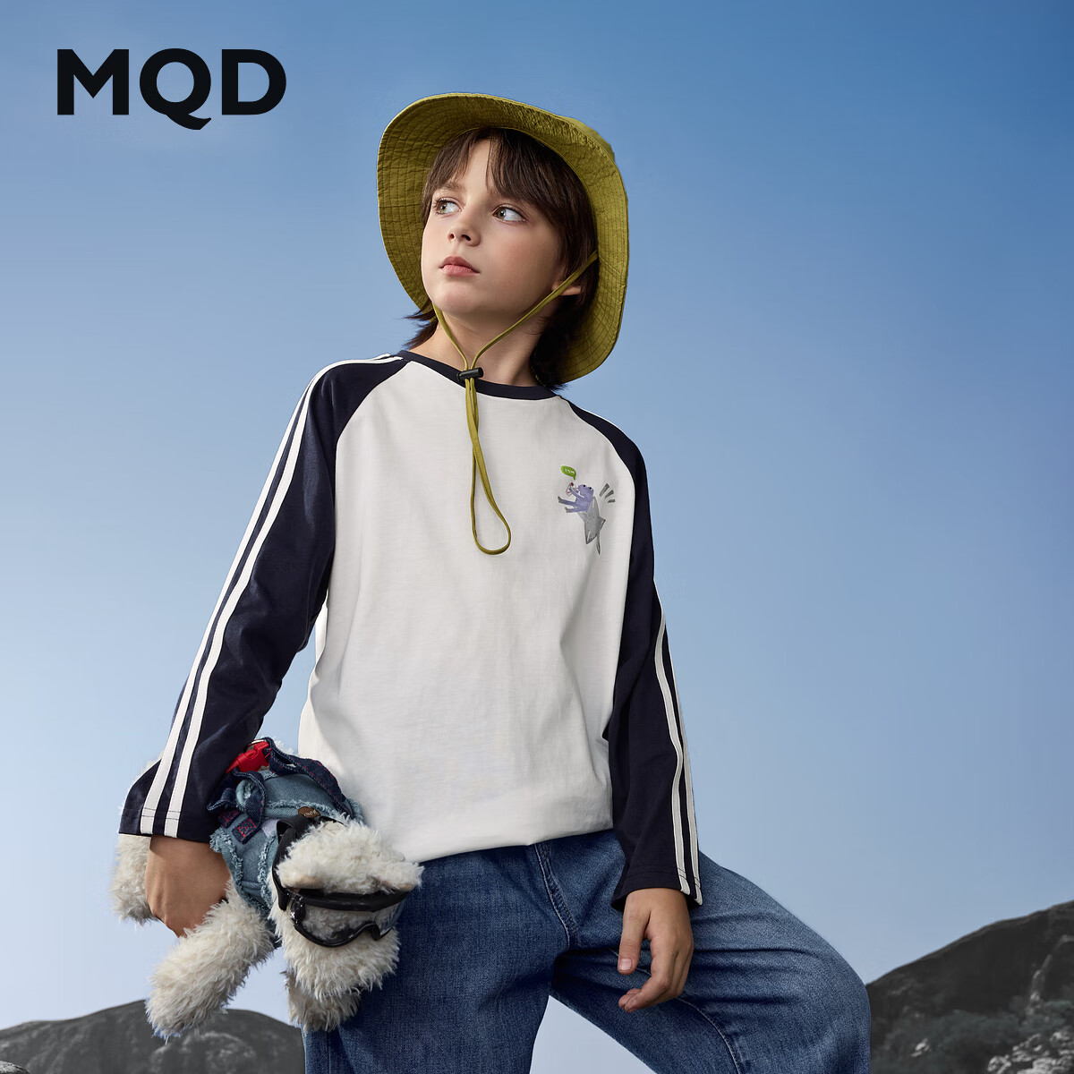 马骑顿（MQD）男童25秋新款学院风撞色插肩袖女童字母长袖体恤打底衫 藏青 150