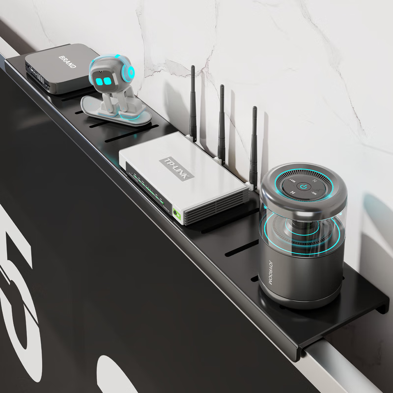 木格格电视机顶盒置物架路由器收纳盒光猫路由器放置架子免打孔支架悬空 黑色【60*7】