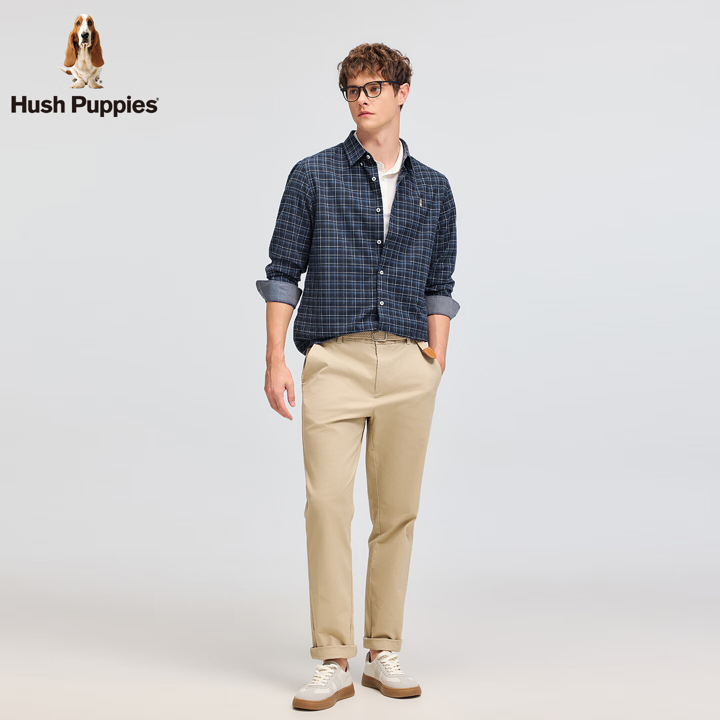 暇步士(Hush Puppies)【舒适磨毛】男装2025秋季经典格纹全棉磨毛长袖衬衫 墨蓝色 2XL