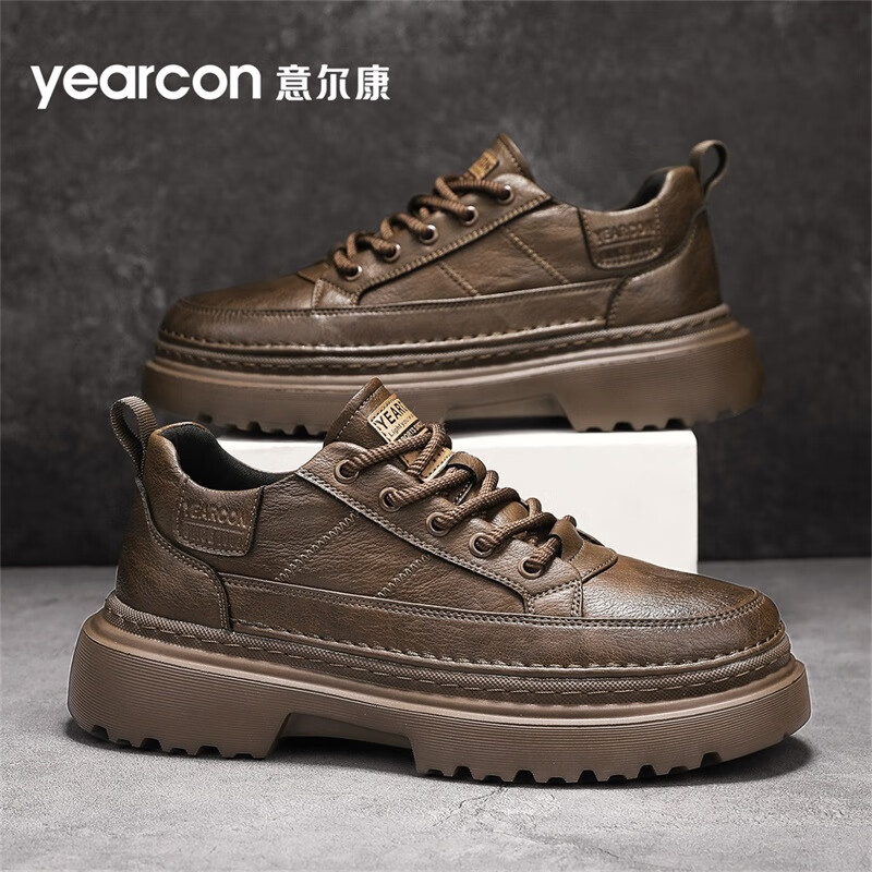意尔康男鞋休闲鞋2025新款皮面工装鞋时尚低帮商务百搭鞋子男 栗棕 40