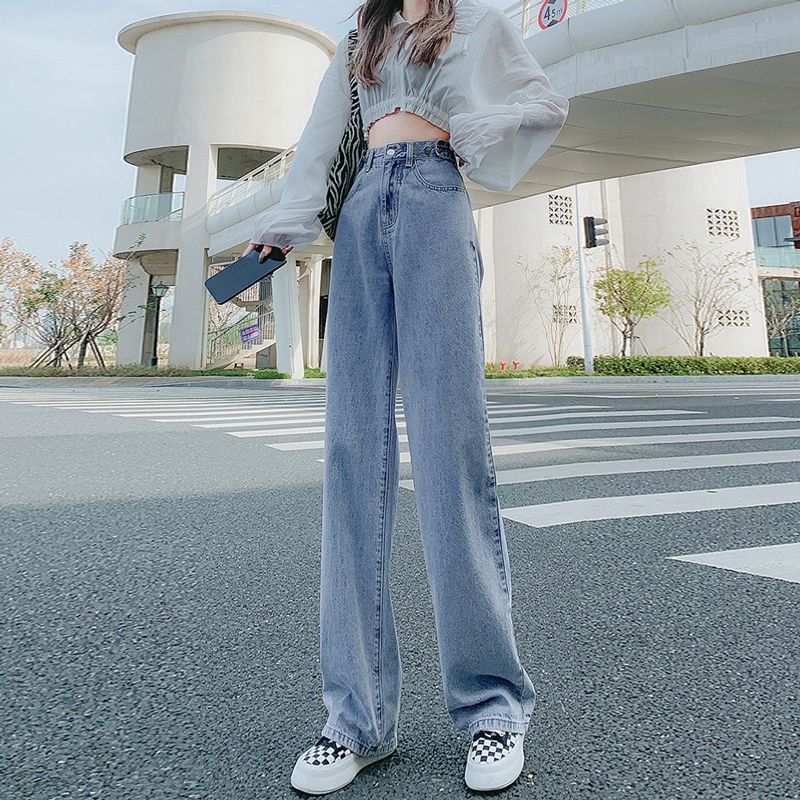 燠阳多扣可调牛仔裤女高腰显瘦学生百搭宽松直筒韩版垂感阔腿裤子DM 1003浅蓝色 M 【93-105斤】