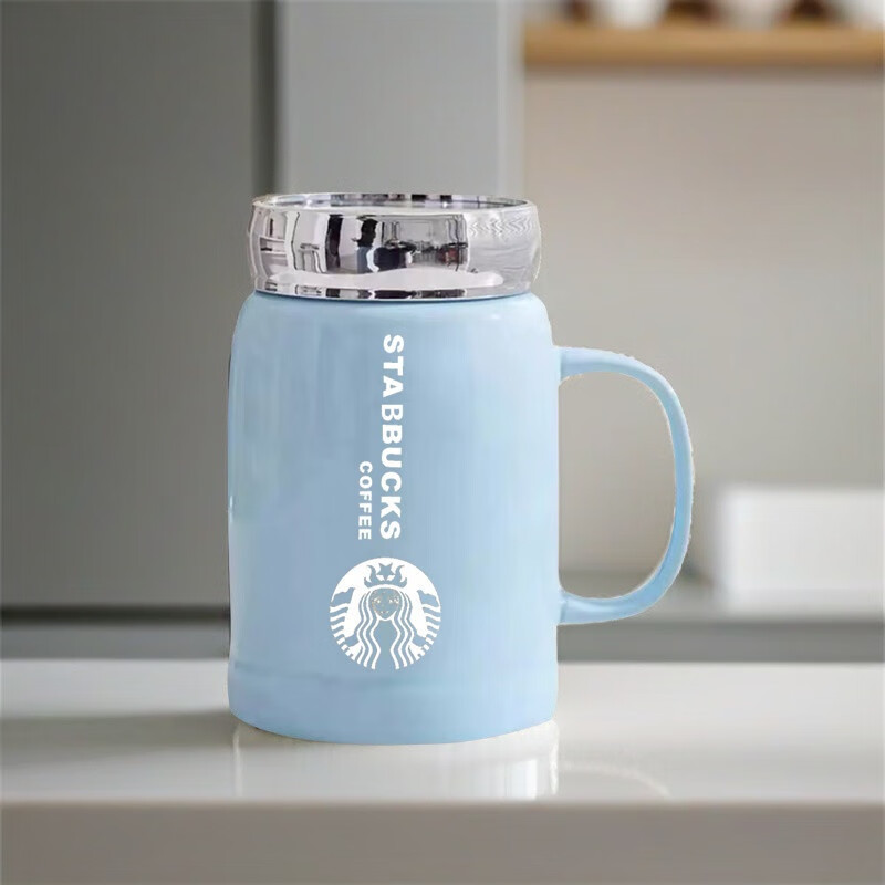 星巴克2025年星巴咖啡杯馬克杯帶蓋子家用喝水杯子辦公室鏡面陶瓷杯 B款+藍(lán)色+500ml 杯+綠蓋+勺+簡(jiǎn)裝