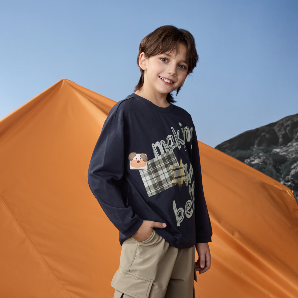 马骑顿(MQD)男童25秋新款学院风街潮撞色领口卡通长袖T恤亲肤打底衫内搭 藏青 140