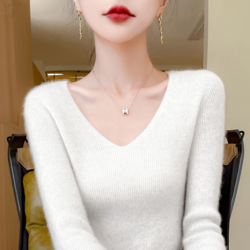 香影芬针织衫女春秋新款v领打底衫修身显瘦毛衣女秋冬时髦时尚洋气内搭 白色 M (建议95-105斤)