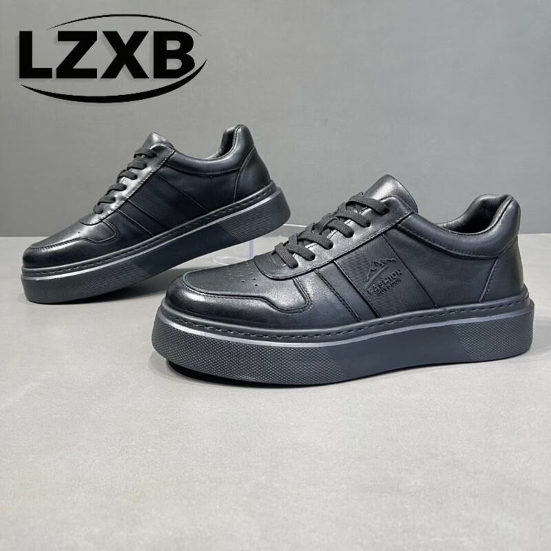 LZXB品牌轻奢男鞋秋冬季新款真皮百搭板鞋男软底增高休闲鞋运动男士鞋 黑色【高端男鞋】 42 【标准皮鞋码】