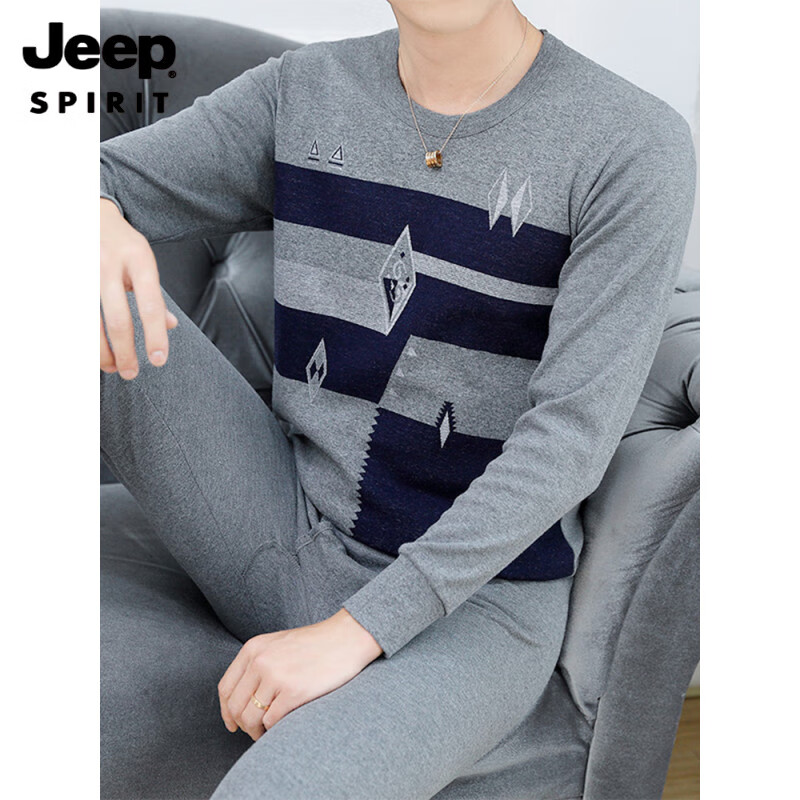 吉普(JEEP)男士保暖内衣套装纯棉全棉秋冬季2025新款棉毛衫中年秋衣秋裤男款 W008圆领藏青 纯棉套装 3XL 150-170斤