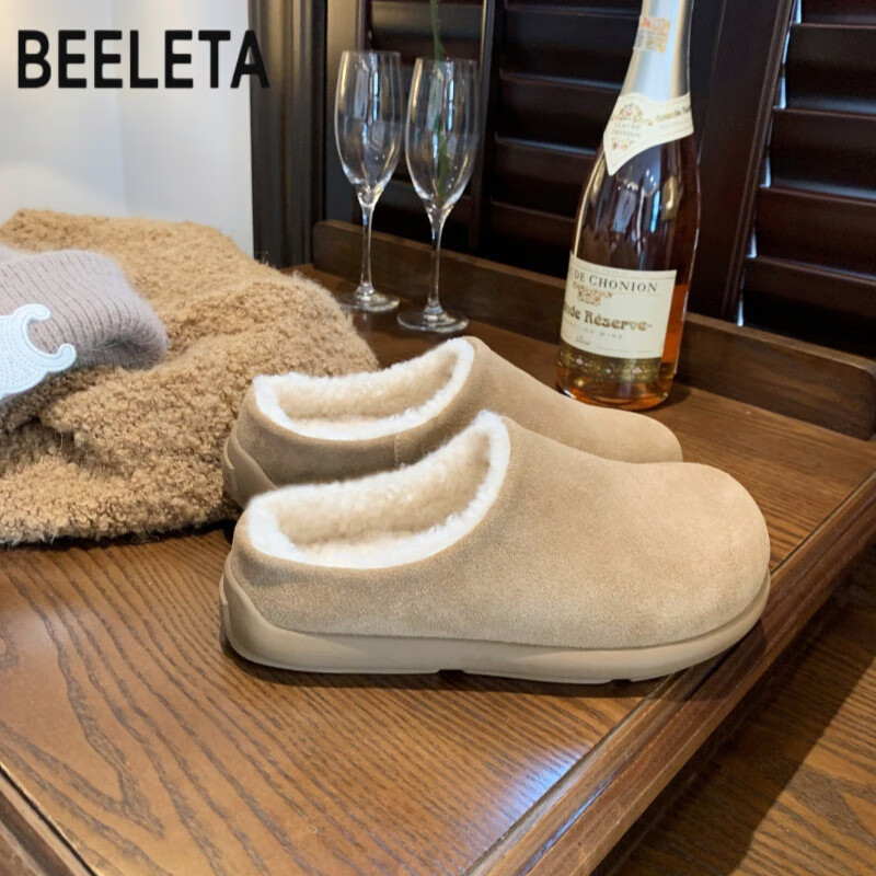 百丽踏羊毛小土豆2025秋冬新款懒人包头增高勃肯毛毛拖鞋女乐福鞋棉鞋 羚羊棕 40