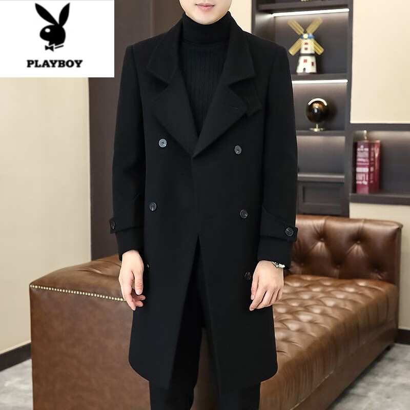 花花公子(PLAYBOY)毛呢大衣男士秋冬季韩版修身中长款呢子风衣感时尚双排扣外套 黑色 4XL 180-200