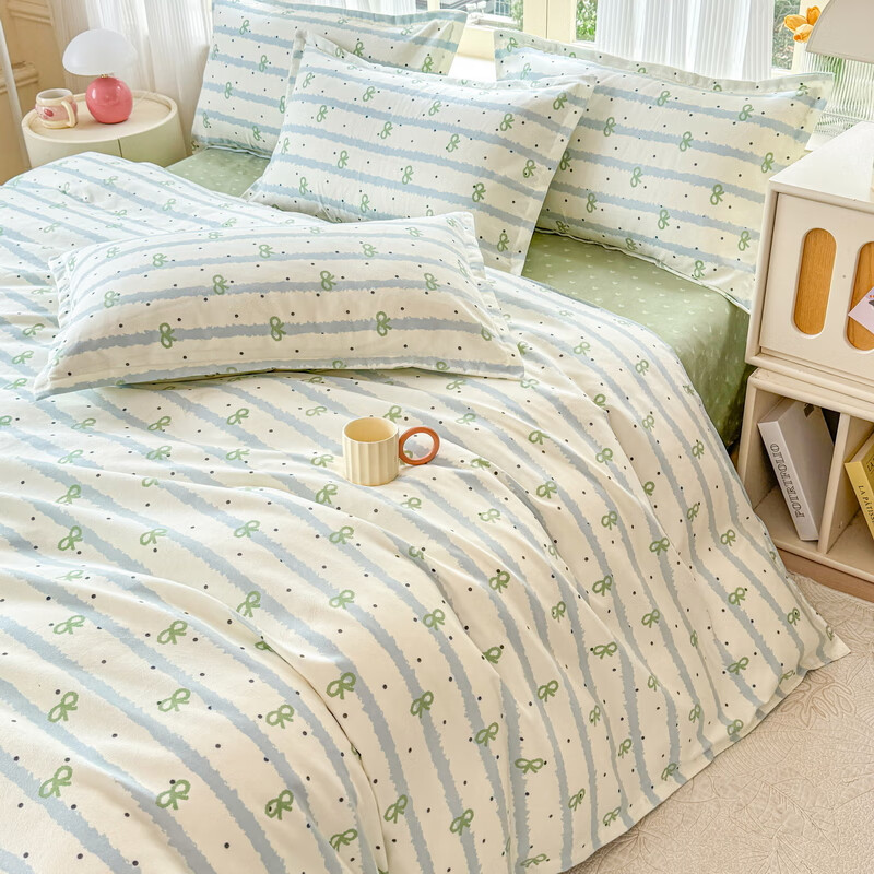 多兰诗（Duolanshi）磨毛四件套 斜纹印花卡通套件被套床单宿舍四季床上四件套 点点情深 2.0米 床单款 -被套200*230 四件套