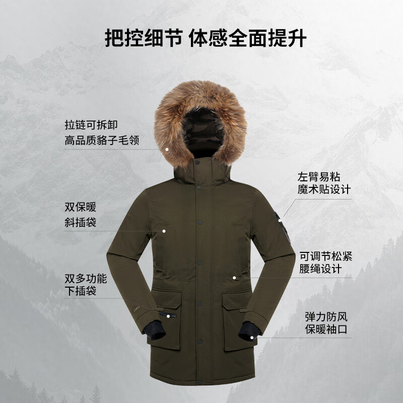 君羽反季羽绒服男中长款男士800蓬工装服派克服加厚防水鹅绒服 深卡其 3XL 推荐女171-180斤/男196-220斤