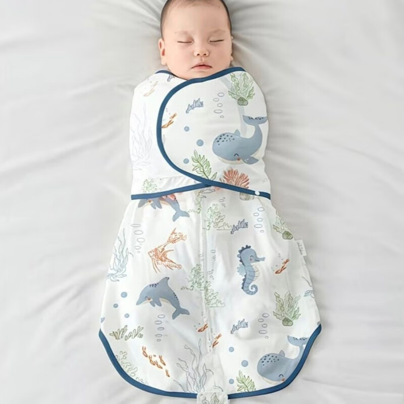 贝肽斯婴儿防惊跳睡袋春秋冬包巾宝宝襁褓巾包被恒温宝宝睡觉神器 春秋款【恒温双层20-26度】海之微笑 S码 66cm0-3个月/下摆剪开可穿至1岁