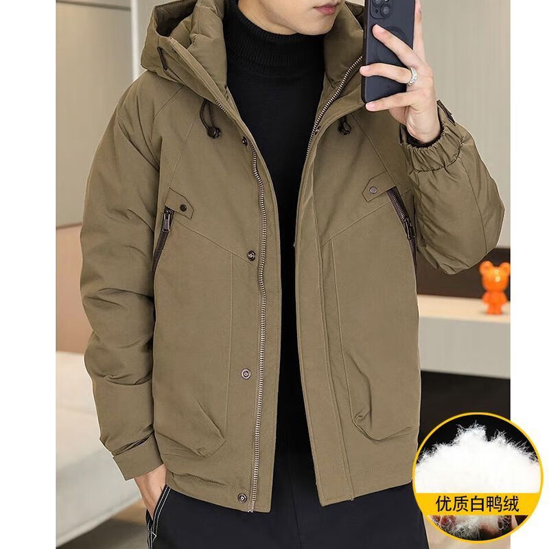 皮尔卡丹羽绒服外套冬季男士加厚连帽保暖短款2026新款休闲工装冲锋衣夹克 可可咖 3XL 体重160-175斤