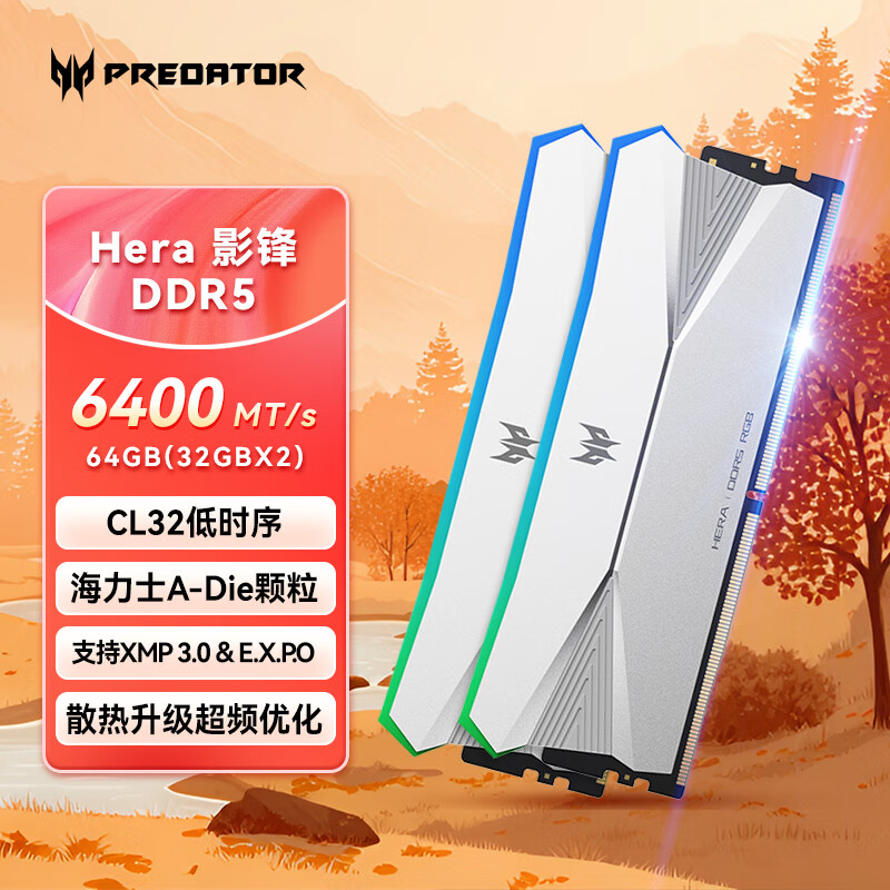 宏碁掠夺者（PREDATOR）64G(32G×2)套装 DDR5 6400频率 台式机内存条 Hera影锋系列 RGB灯条(C32) 冰戟银 AI电脑配件