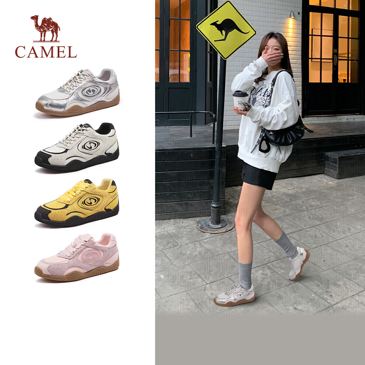 骆驼（CAMEL）月牙德训鞋女运动百搭板鞋网面复古休闲鞋 L25S577059A 白/银 36
