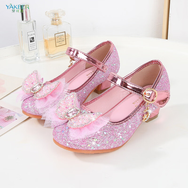 高跟鞋春秋季新款女童公主鞋小女孩水钻蝴蝶结单鞋宝宝皮鞋子 粉红色