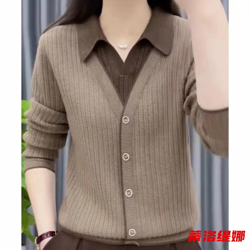 蒂洛缇娜假两件翻领针织衫新款长袖叠穿洋气套头外穿打底毛衣百搭上衣 咖色 XL 建议115-130斤