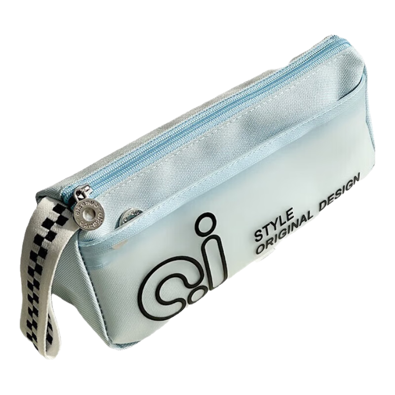 三年二班三角笔袋女简约风学习小学生笔袋三年级美术袋收纳高颜值痛包大容量透明文具袋初中生用铅笔盒补习 蓝色款