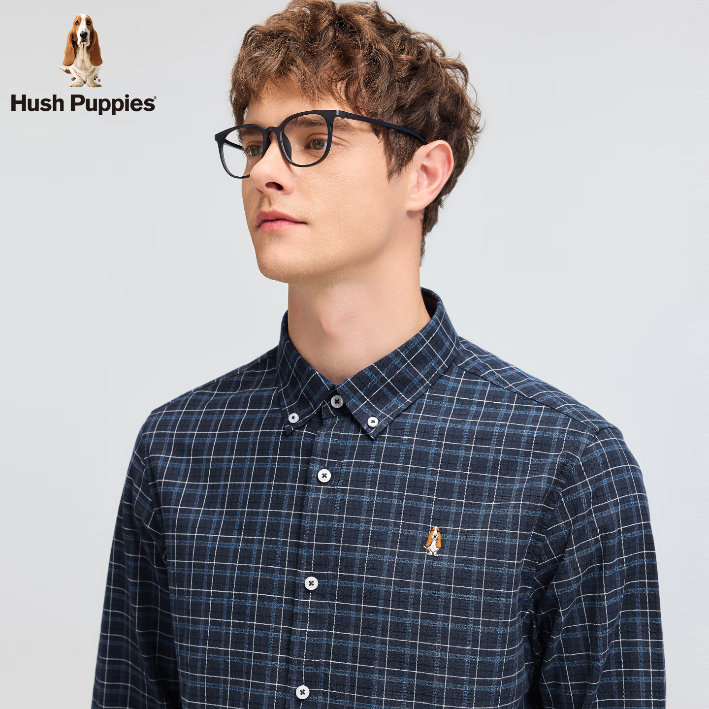 暇步士(Hush Puppies)【舒适磨毛】男装2025秋季经典格纹全棉磨毛长袖衬衫 墨蓝色 2XL