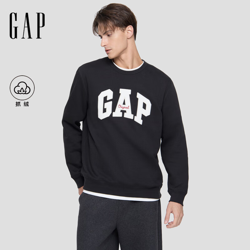 盖璞（GAP）男女装2025秋季新款字母logo抓绒圆领卫衣合身上衣美版852079 灰黑色 S 美码 M亚洲码175/92A