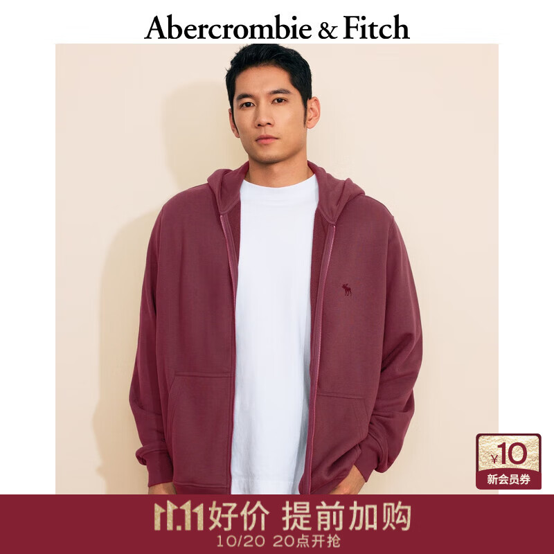 Abercrombie &amp; Fitch经典小麋鹿图案男装25春季美式宽松连帽拉链卫衣外套122-5251 深酒红色 S (175/92A)