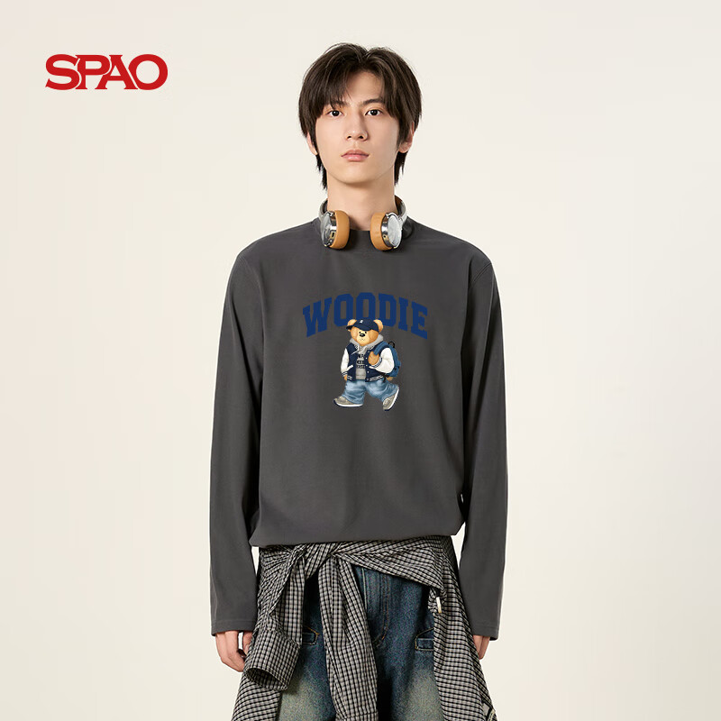 SPAO半高领保暖衫男2025冬季双面绒保暖防寒舒适长袖T恤SPCX25SG03XY 中灰#伍迪背包 L