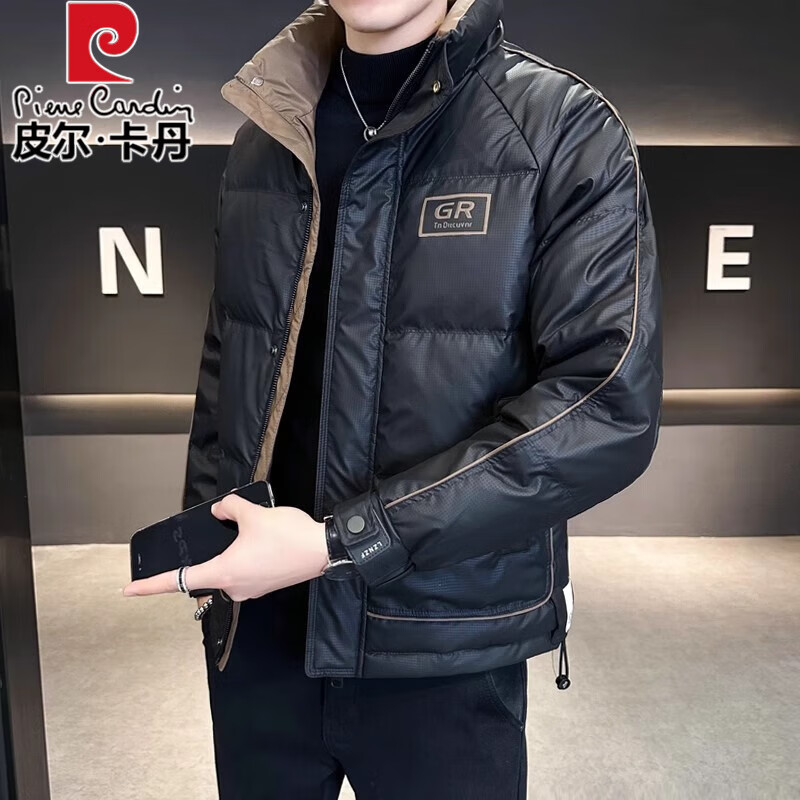 皮尔卡丹男士羽绒服冬季2025新款潮牌帅气男装拼色立领高端加厚冬装外套 黑色 2XL 建议体重135--150斤