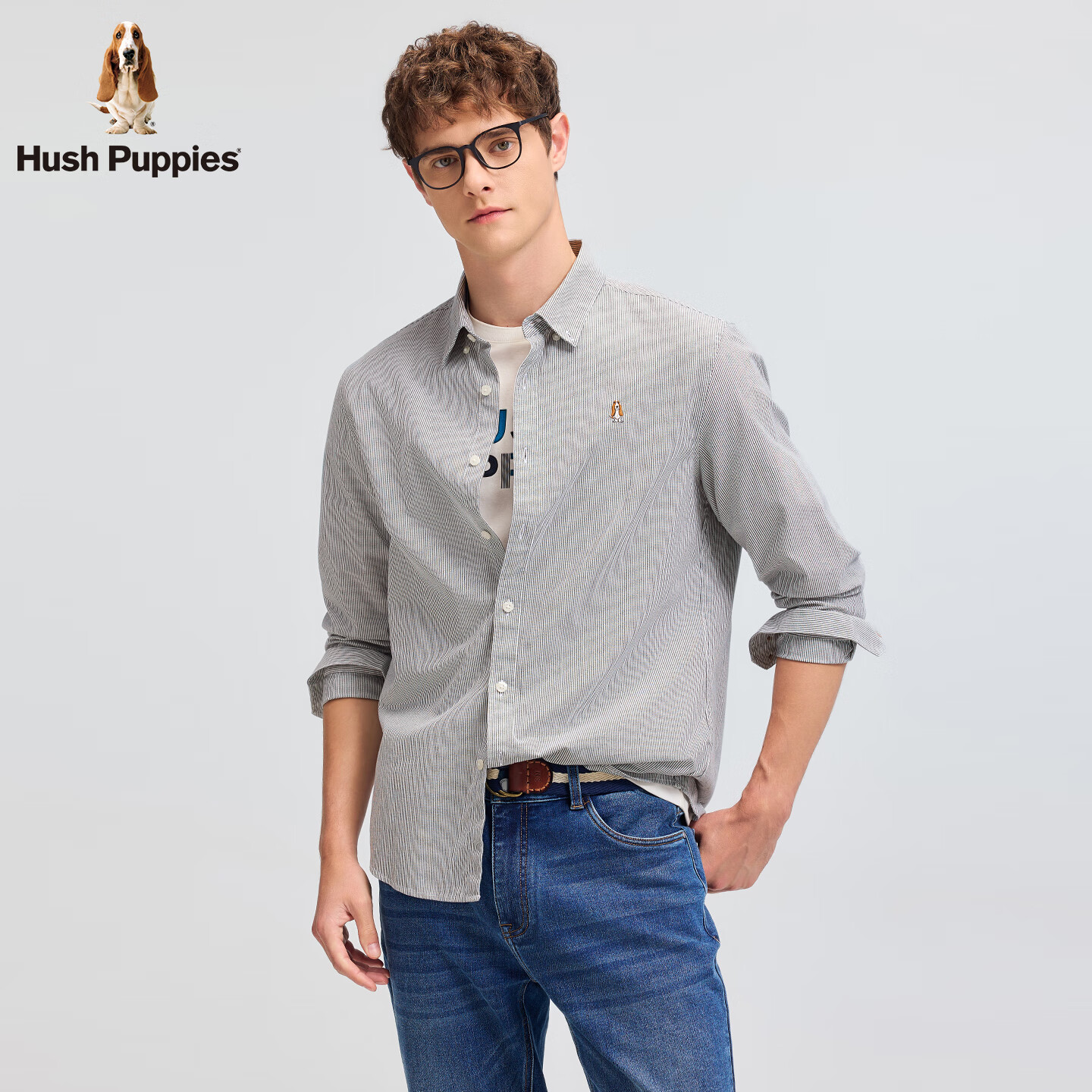 暇步士(Hush Puppies)【经典全棉】男装2025秋季简约基础款全棉细条纹长袖衬衫 墨蓝色 L