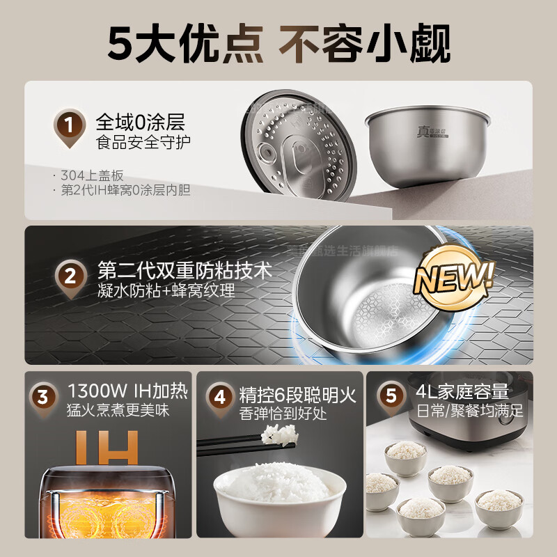 美的（Midea）健康0涂层IH 4L大容量316L不锈钢球釜形内胆智能预约柴火杂粮饭蜂窝防粘家用多功能电饭锅 4L 全域0涂层
