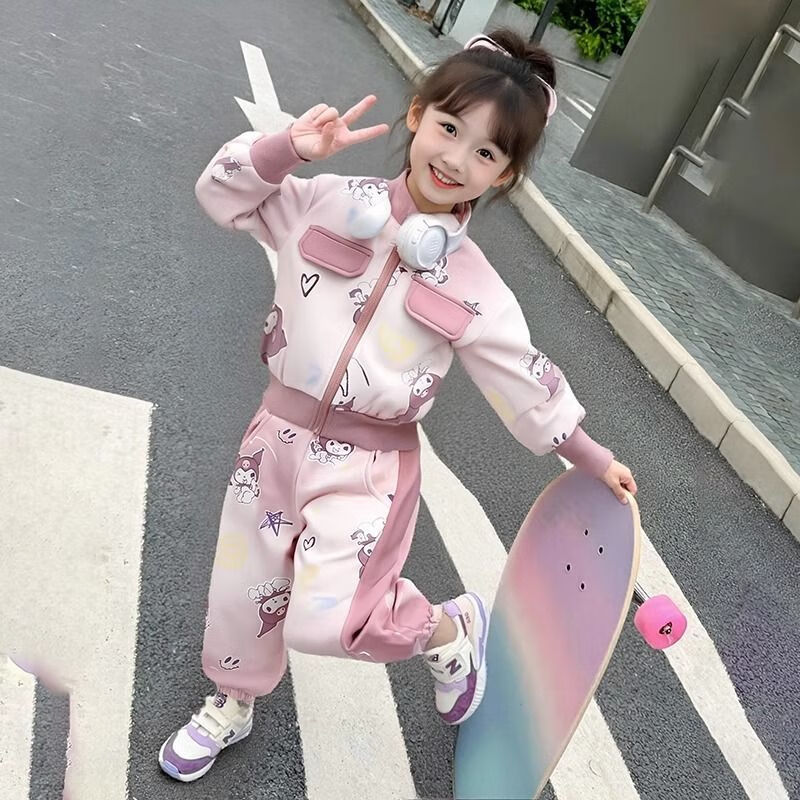 G.duck小黄鸭女童库洛米套装25春秋季开衫洋气运动小女孩宝宝秋装两件套 粉色【套装】 140 码建议身高130-140cm