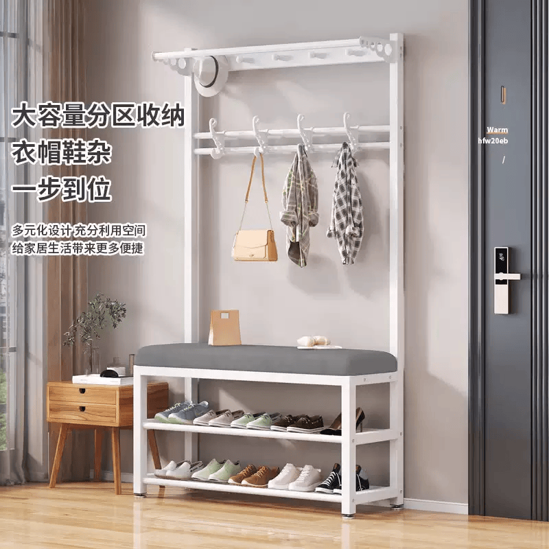 简易物凳入户门家用衣帽架架玄关一体换鞋架落地门厅多功能挂衣置 换鞋凳-60CM(白架-蓝布)