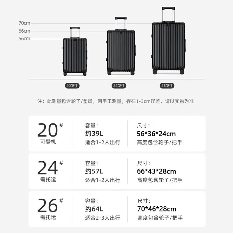 大嘴猴拉杆箱男行李箱女轻音万向轮铝框旅行箱学生出差拉链密码大容量箱 黑色/铝框款 26英寸