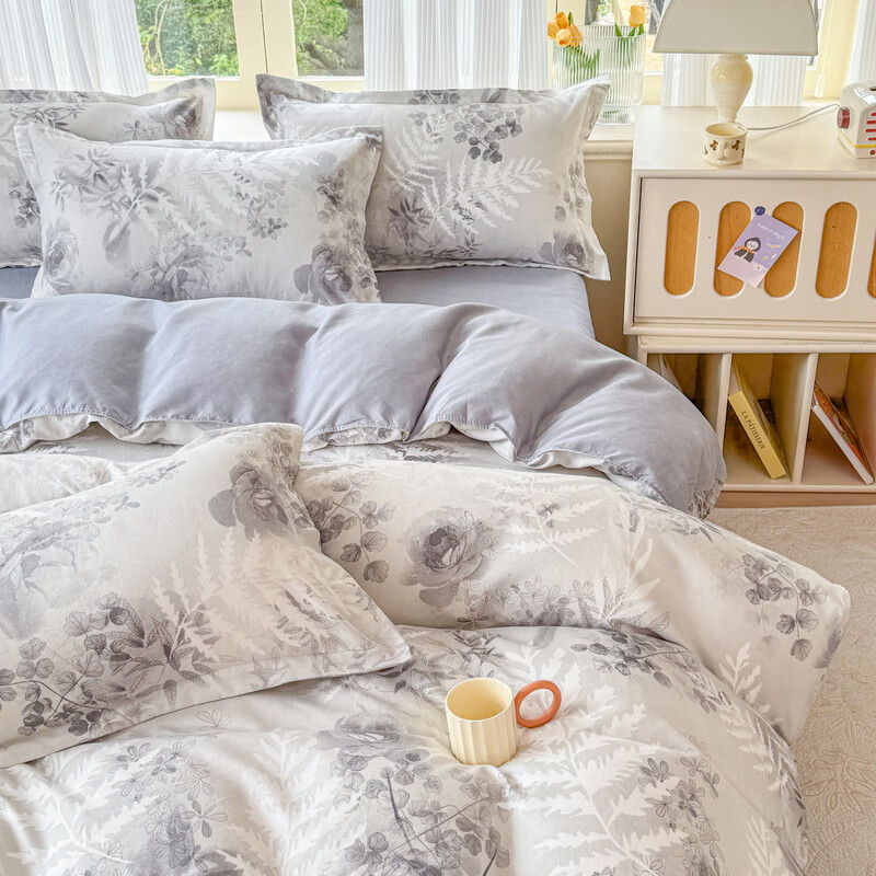 多兰诗（Duolanshi）磨毛四件套 春秋加厚保暖小清新宿舍卡通家用斜纹四件套 晚棠 1.8米 床笠款 被套180*220 四件套