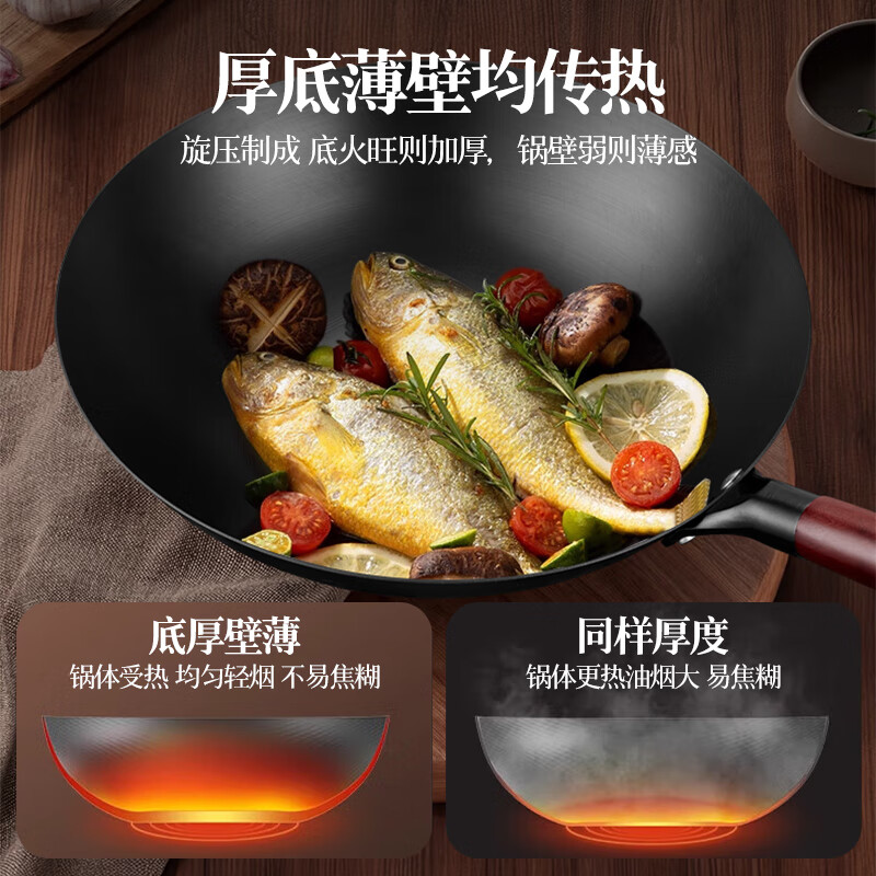 梦多福铁锅炒菜锅不粘锅无涂层炒锅燃气灶专用铸铁锅免开锅圆底炒锅家用 34CM【可视盖】3-7人用-已开锅 34cm 精铁不锈-健康无涂层-氮化不粘锅