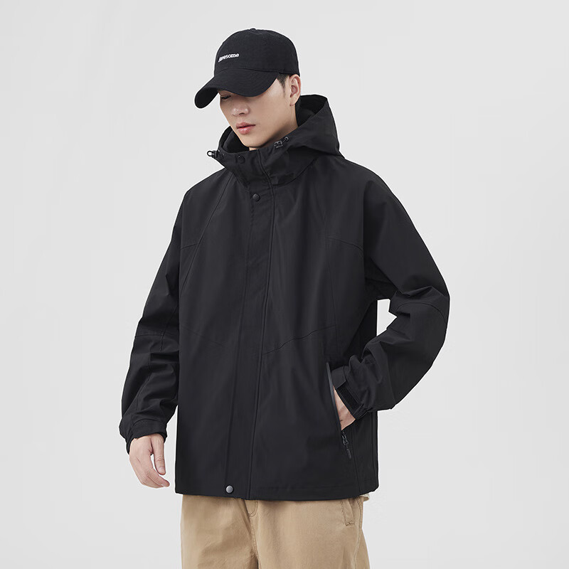 仓石一树户外冲锋夹克男士春秋季宽松套头潮流立领拉链连帽休闲上衣外套 榛果灰 4XL (200-220斤)