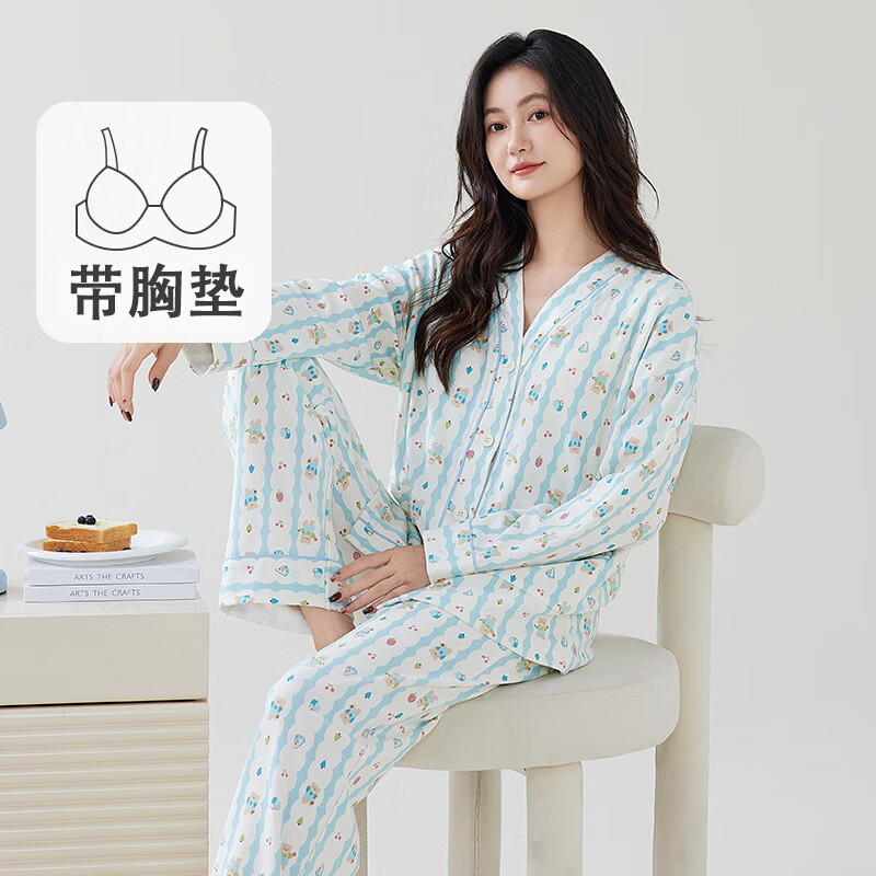 雅鹿睡衣女带胸垫长袖长裤套装春秋季薄款和服领开衫可外穿女家居服 T25655茶灰杏水墨 M 【80-90斤】