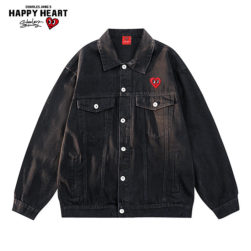 查爾斯桃心 美式覆古水洗牛仔夾克男2025新款春秋季排扣翻領(lǐng)外套 黑色 S