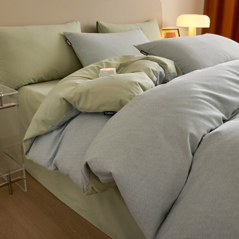 AIDLIA类100%全棉磨毛四件套印花单双人四件套 纯厚-枝条绿 1.5/1.8m床 床单款 被套200*230cm