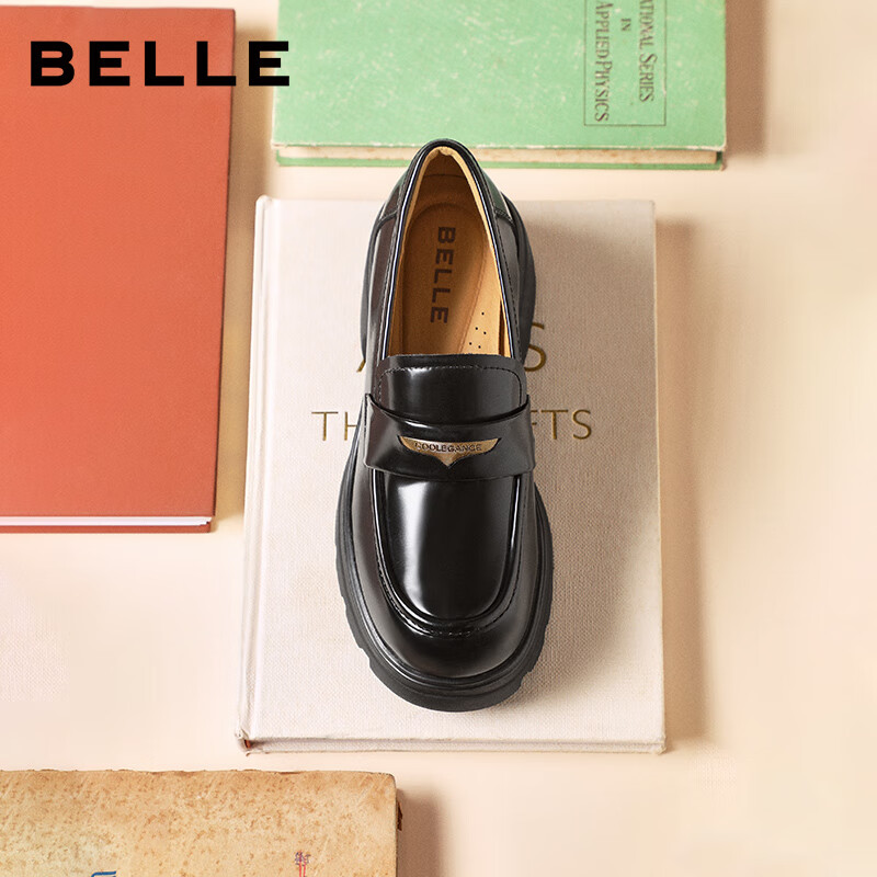 百丽乐福鞋女英伦风小皮鞋2025新款通勤单鞋JD007CM5 黑色-亮面 36