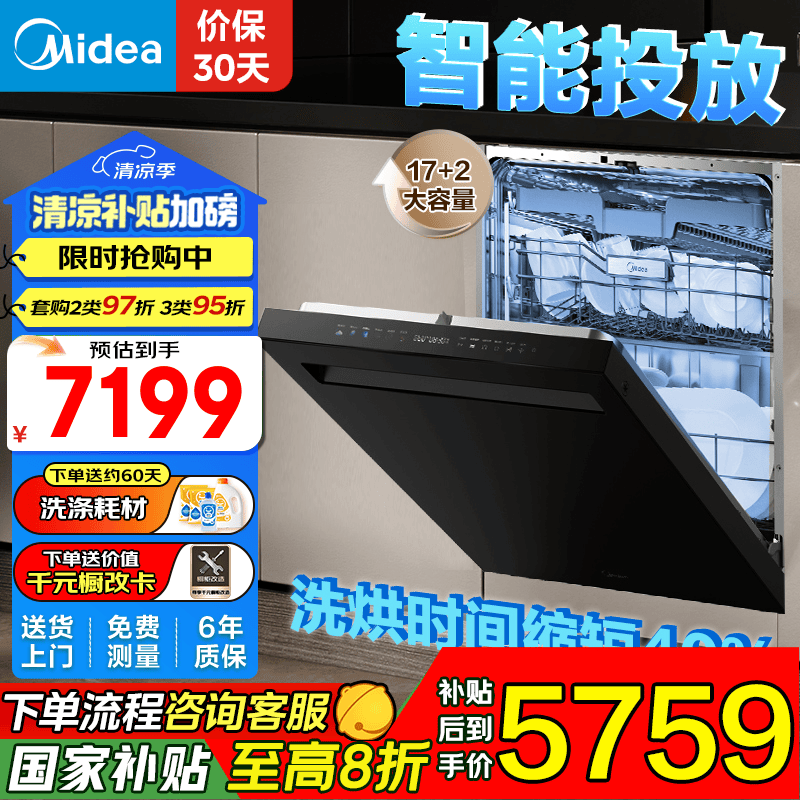 美的（Midea）【GX1000Max尊享版】嵌入式洗碗机升级17套+2 变频五臂飓风洗晶焰速干智能投放四星消毒自清洁滤