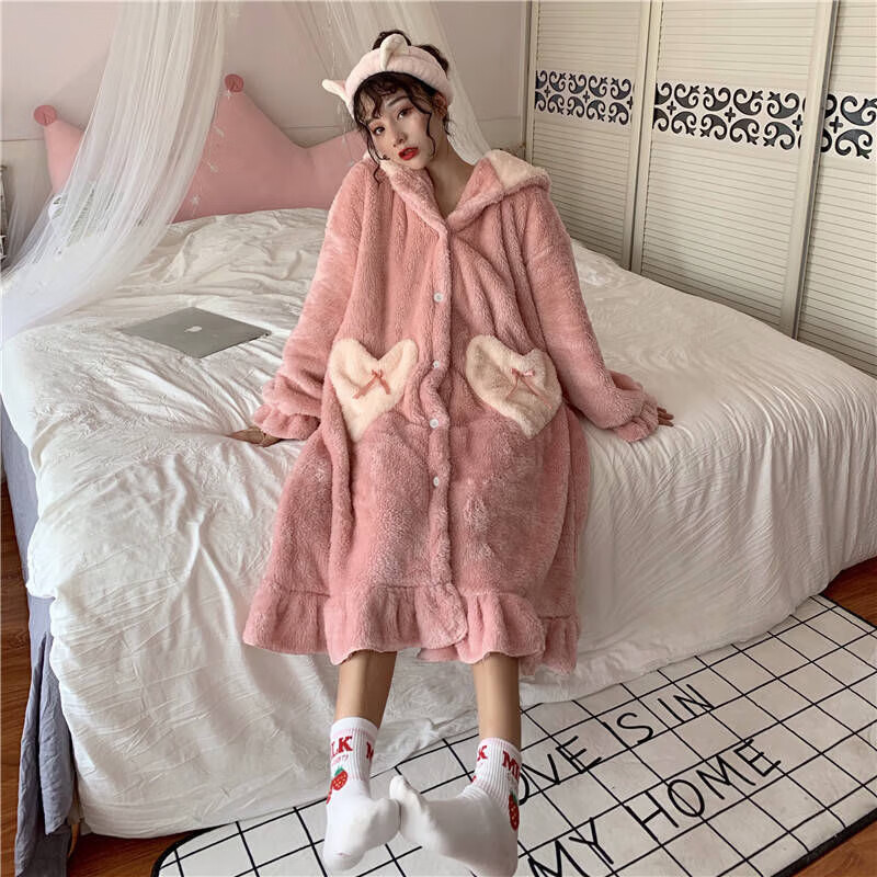诗莉奥(SHILIAO)可爱珊瑚绒睡衣女冬季睡裙加绒加厚加厚保暖学生可爱加厚珊瑚绒 蓝鸭睡袍 均码 【适合80-160斤】