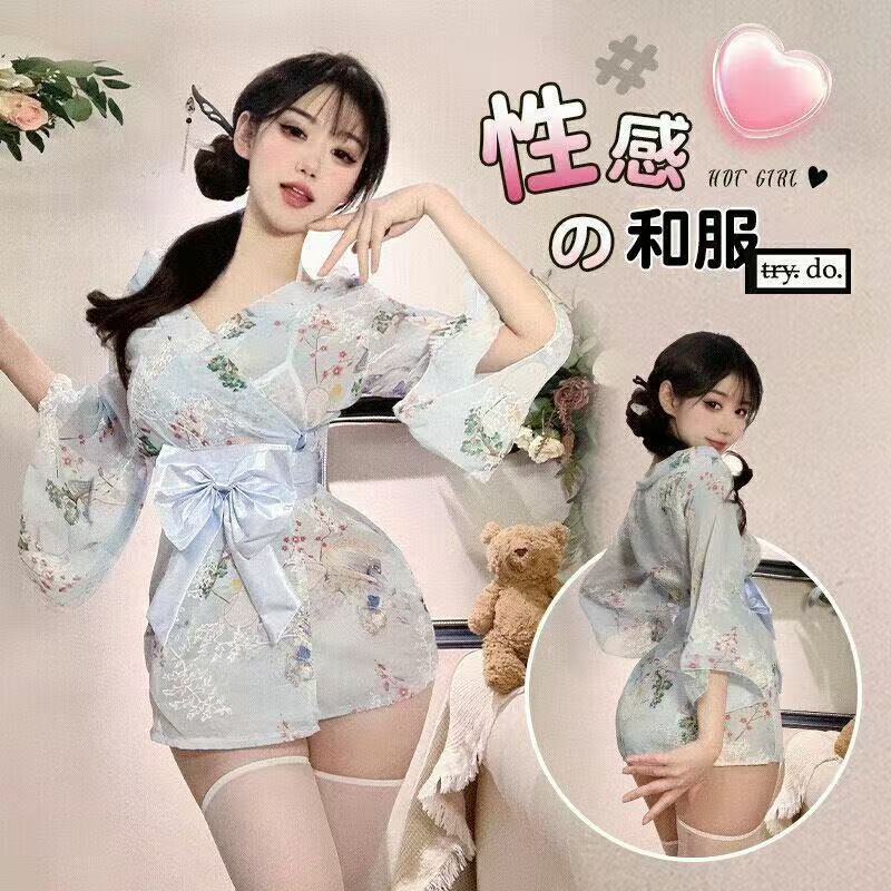 情趣内衣V领日系和服性感约会战袍新款绑带睡袍浴袍睡衣女家居服 粉花和服 均码