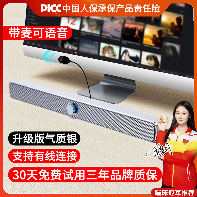 赛达 电脑蓝牙音响台式机笔记本家用桌面手机通用有线迷你usb小低音炮影响V193长条音箱 气质白带麦普通版